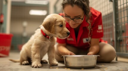 A shelter worker in a red shirt feeds a golden puppy in a kennel