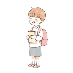 Happy Student Boy Holding Book with Backpack Illustration.