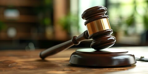 Obraz premium Symbol of Authority and Impartiality Image of Gavel on Desk in Legal Services. Concept Legal Services, Gavel, Symbol of Authority, Impartiality, Desk