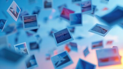 Floating Polaroid Memories in Blue Hue - A dynamic display of floating Polaroid photos in a dreamy blue atmosphere, symbolizing nostalgia and cherished memories.