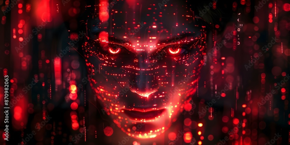 Poster abstract digital background depicting the concept of a menacing ai with a glowing red face. concept 