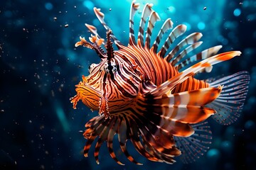 Underwater scene with a school of fish swimming around a coral reef, both in an aquarium and in the sea