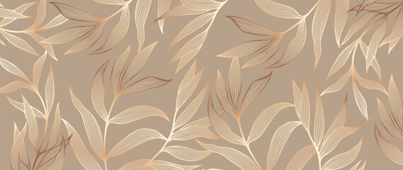 Luxury beige botanical design with golden branches and leaves. Botanical background, wallpaper, cover, poster or banner