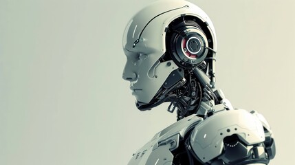 Futuristic humanoid robot with exposed mechanical components.