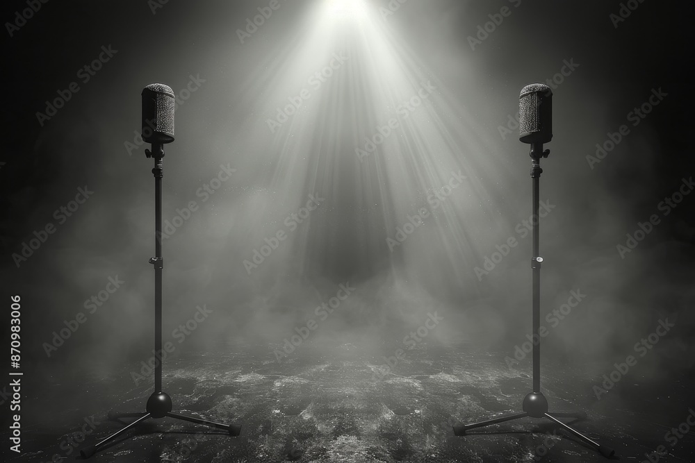 Poster dramatic stage setup with spotlights creating a moody atmosphere