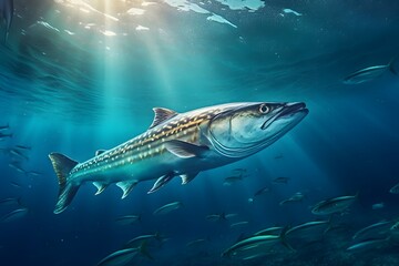 Naklejka premium Shark swimming in ocean and aquarium environment with various underwater fish and marine life