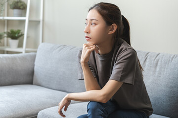 Sad, unhappy. Alone asian young woman, girl expression face thinking about problem, difficulty,...