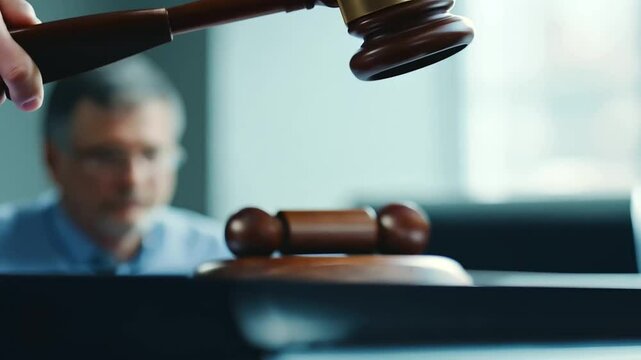 professional close-up highlighting the decisive moment of a judge wielding a gavel in the courtroom, signaling the commencement or conclusion of proceedings