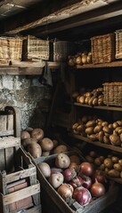 Rustic Root Vegetables Stored in Wooden Crates in Cool Dark Cellar - Ideal for Farmhouse Designs