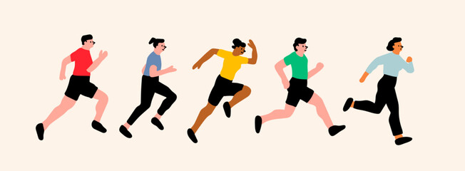 Set of Running people. Cartoon flat style. Cute isolated characters. Sport, jogging, rush, race, ambition, success aspiration, hurrying to goal, marathon concept. Hand drawn Vector illustration