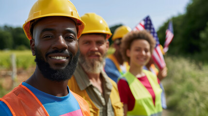 Happy workers holding flags, standing in a park with trees and sky. Group of diverse people in casual clothes holding flags in a park.