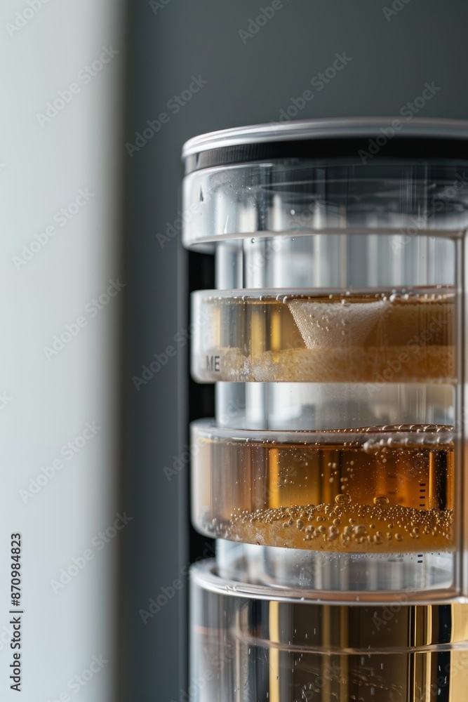 Poster close-up view of multi-layer water filter pitcher in neutral background for purity concept