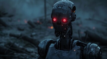 Fototapeta premium Menacing Lethal Robot in Postapocalyptic Wasteland - Sci-Fi 3D Rendering with Dark Atmosphere and Glowing Red Eyes