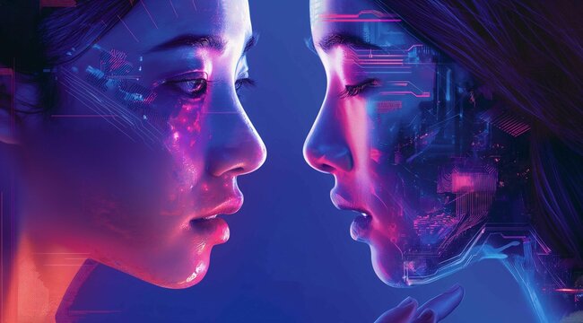 Digital twins poster with two girls one asian female athlete and the other robot in dark blur background. Technology, cyber concept. artificial intelligence concept with head of woman.