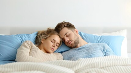 Eye-Level Angle, exhausted couple trying to sleep, both partners looking fatigued and restless in bed, text copy space on the left, illustrating the struggle of sleeplessness and f