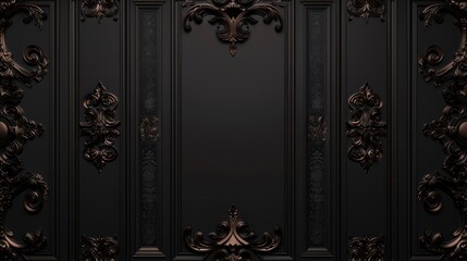 Intricate black ornate wall with baroque style decorations detailed