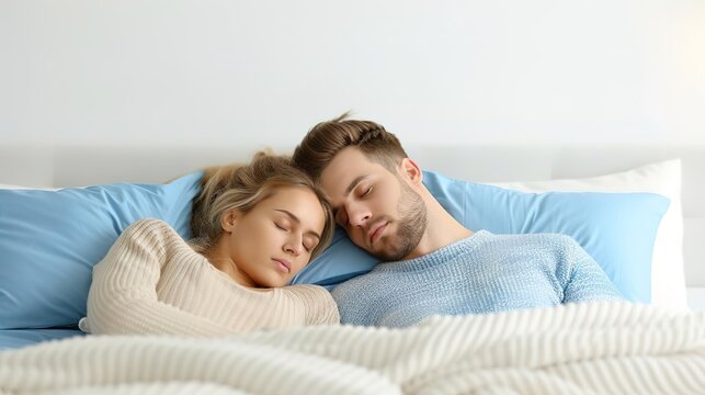 Eye-Level Angle, exhausted couple trying to sleep, both partners looking fatigued and restless in bed, text copy space on the left, illustrating the struggle of sleeplessness and f
