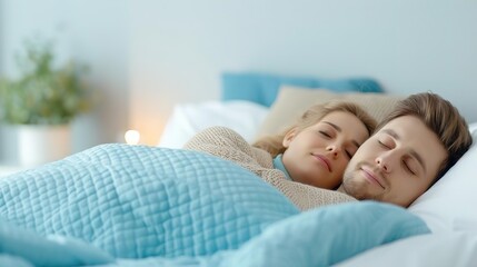 Couple sleeping peacefully in bed, embracing and cuddling.