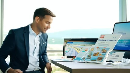 travel agent presenting a variety of travel tickets, with an organized desk and a professional blurry background, promoting travel services in a commercial setting