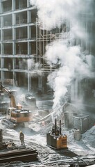 Winter Construction Site with Portable Heaters, Heavy Machinery, and Workers in Safety Gear
