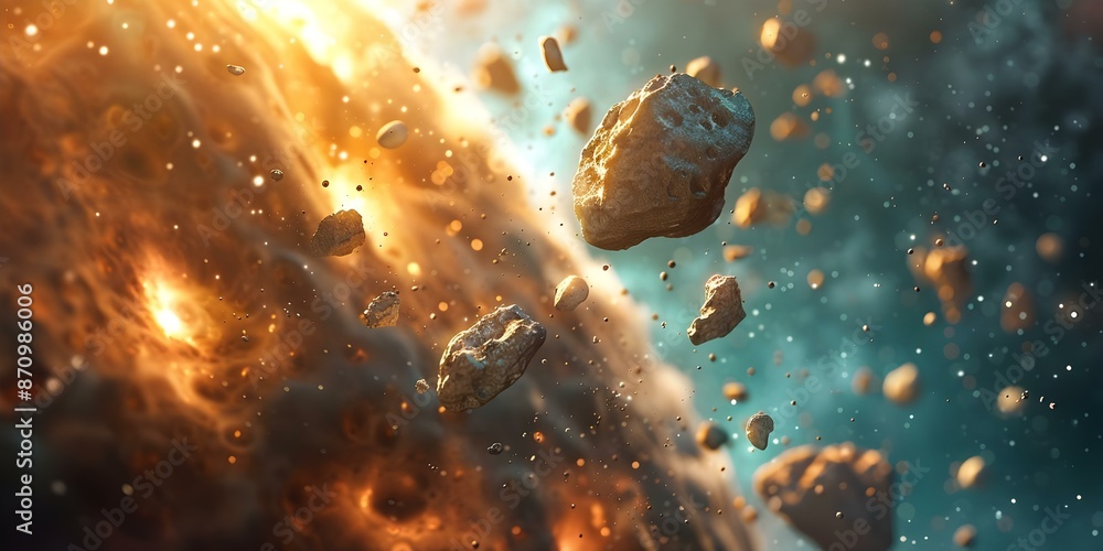 Poster exploring meteorites on distant planets and asteroids in science fiction. concept extraterrestrial e