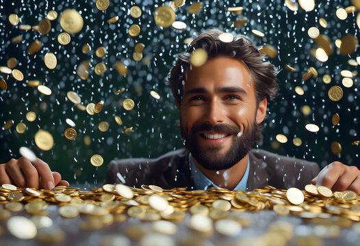 A man with a beard and suit smiling while surrounded by falling gold coins, creating a sense of wealth and prosperity.
