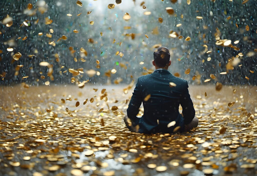 A person in a suit sitting on the ground while golden coins rain down around them in a surreal setting.