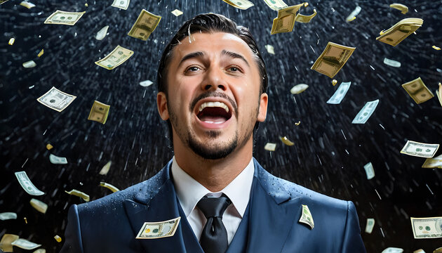 A man in a suit joyfully standing under a rain of money.