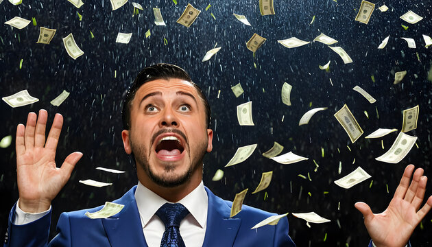 A man in a suit joyfully looking up as money rains down on him against a dark background.
