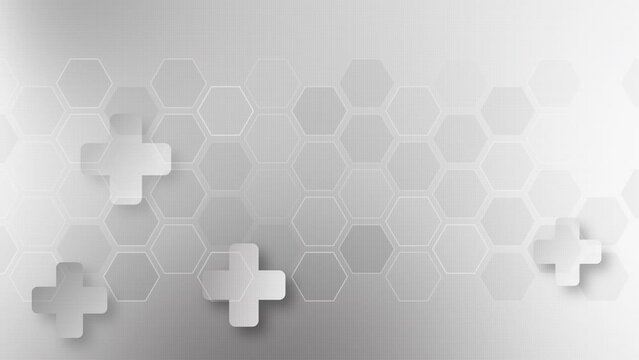 Grey abstract medical background with hexagon pattern and animated icon white medical crosses. Looped motion graphics.
