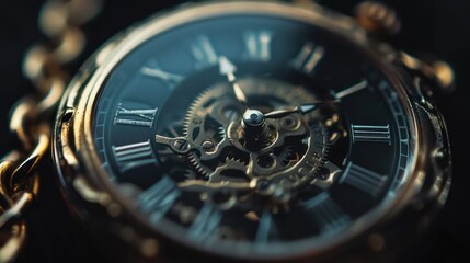 Close-up of intricate vintage watch gears with Roman numerals.