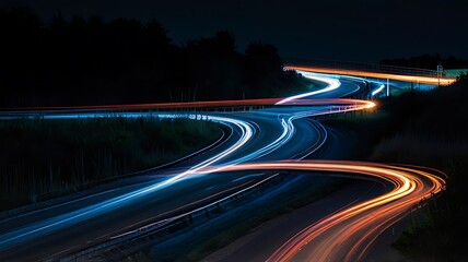 Bright blue light trails curve dynamically against a dark background.