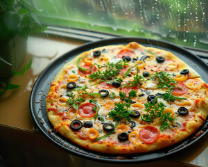 Delicious Pizza on a rainy day cozy joy
