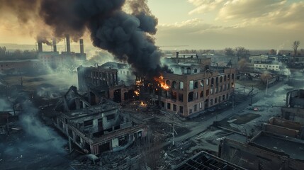 Burning industrial buildings in a war-torn area, aerial view. Destruction and chaos concept