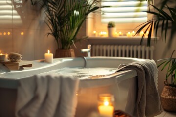 Fototapeta premium Cozy Bathroom with Energy Efficient Heater, Candles, Soft Towels, and Potted Plants for Relaxing Bath