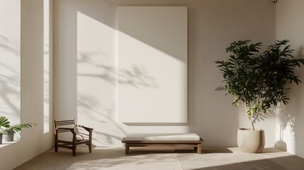 Fototapeta premium empty wall with blank canvas for wall art mockup template, copy space, product concepts. interior design
