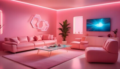 A futuristic living room with unique, geometric furniture arrangements and vibrant LED lighting casting colorful shadows on gradient walls, captured in sharp detail.