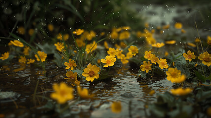Yellow flowers after heavy rain