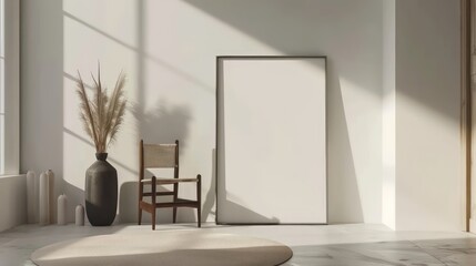 empty wall with blank canvas for wall art mockup template, copy space, product concepts. interior design