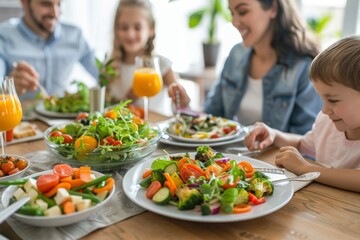 Family Enjoying Nutritious Vegetable-Based Dinner with Salads and Roasted Vegetables