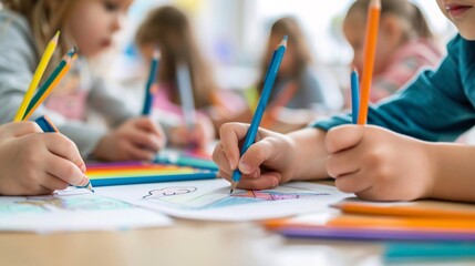 Bambini delle scuole elementari che disegnano in classe