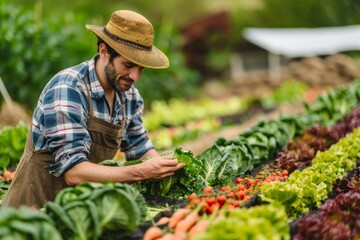 Farmer Inspecting Fresh Vegetables on Organic Farm for Sustainable Agriculture and Healthy Living