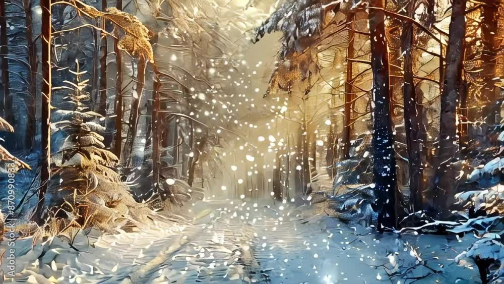 Poster video of snowy forest with a path through it. the snow is falling and the sun is shining through the
