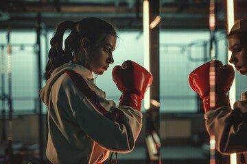 Female Boxer Adjusting Gloves in Modern Gym Environment - Preparation for Boxing Match