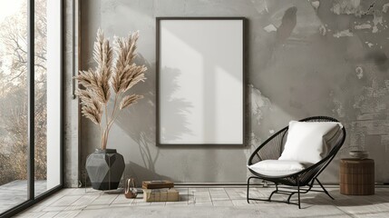 blank canvas mockup template with minimalistic interior on empty wall