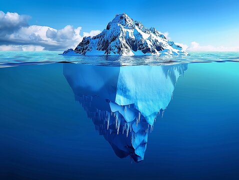 Iceberg che si specchia nell'acqua. Azzurro cielo e acqua
