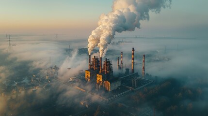 Realistic photo of air pollution in a rural area affected by nearby industrial activities, with visible smog and poor air quality impacting local communities. , Minimalism,