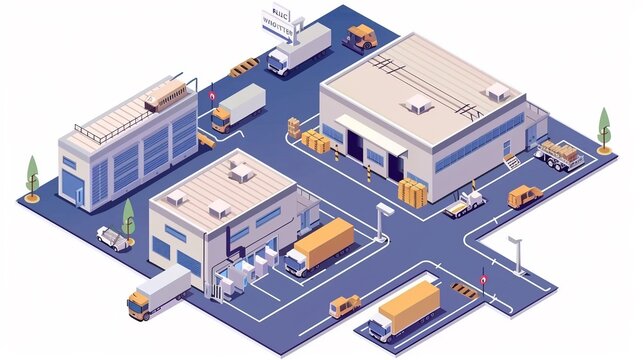 Illustrazione isometrica di un sistema logistico con magazzini e centri di distribuzione interconnessi