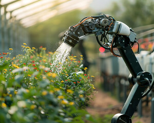 Robot watering the garden, with a lovely background of lush greenery and colorful blooms, showing how tech and nature