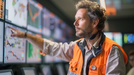 Responsabile della logistica che dà istruzioni in un centro di controllo 